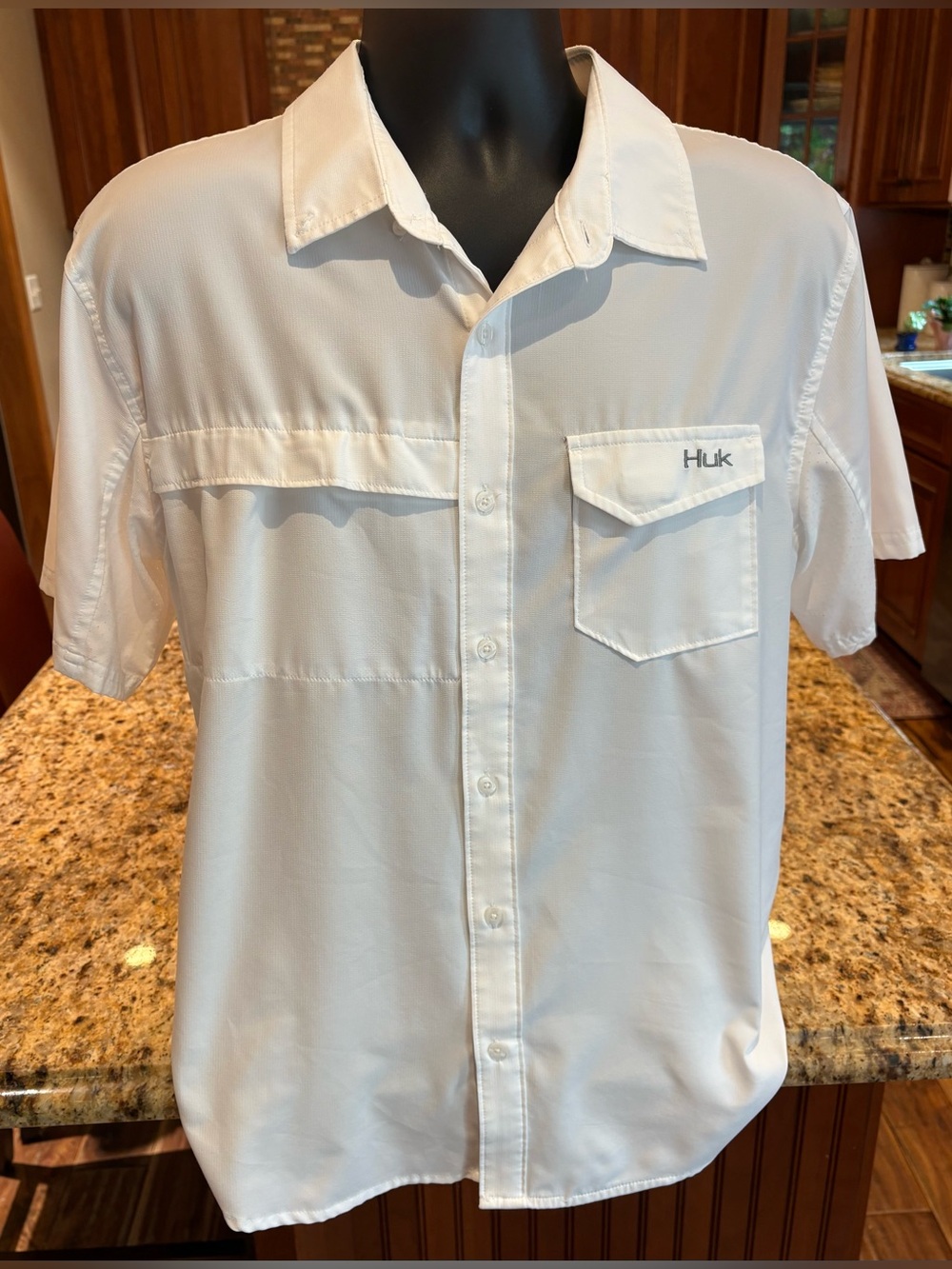 Huk Men’s performance fishing shirt. White Sharp with logos front/back. Medium
